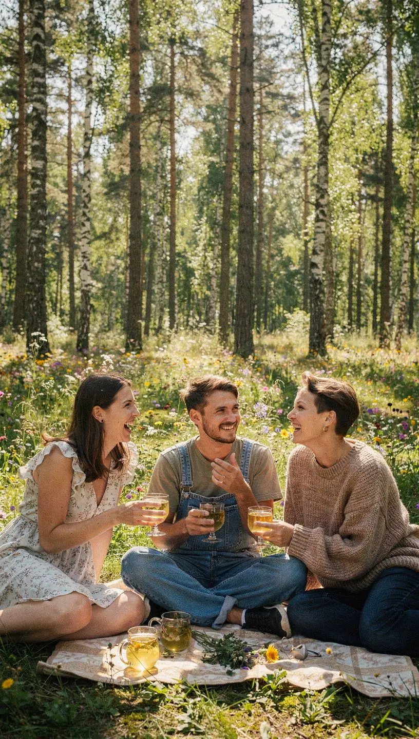 Moteris meditacijoje su arbatos puodeliu rankoje, siekianti vidinės harmonijos.