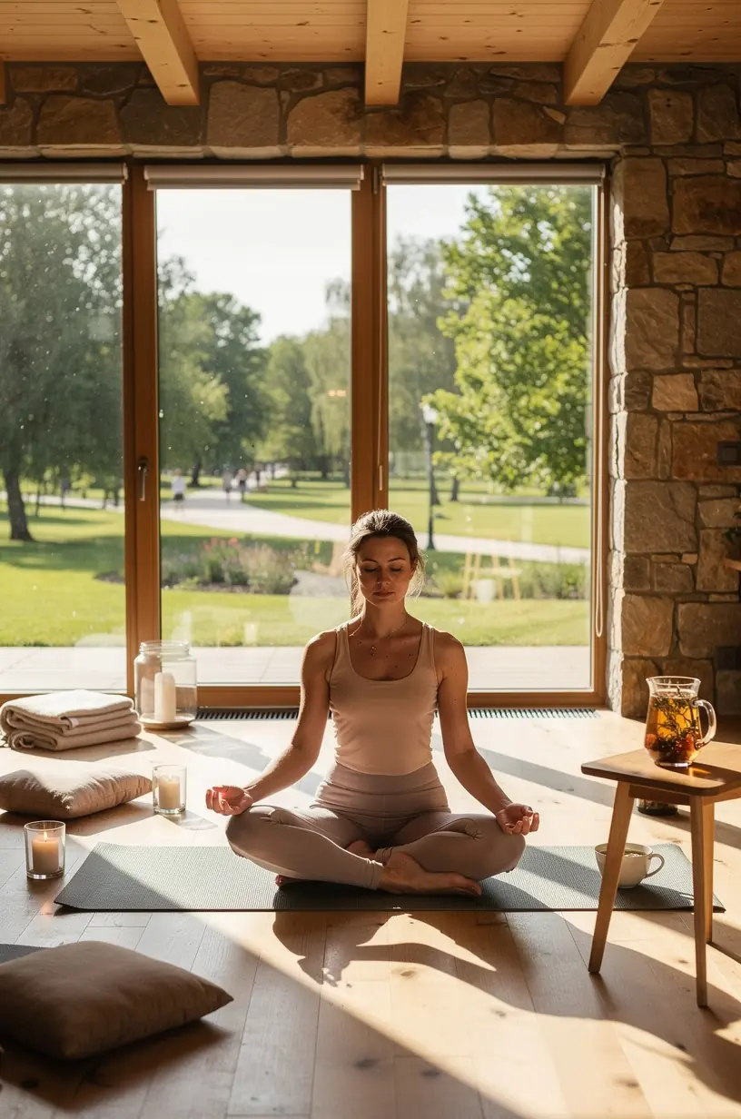 Šiltos arbatos puodelis ant medinio stalo, simbolizuojantis ramybės pertraukėlę.