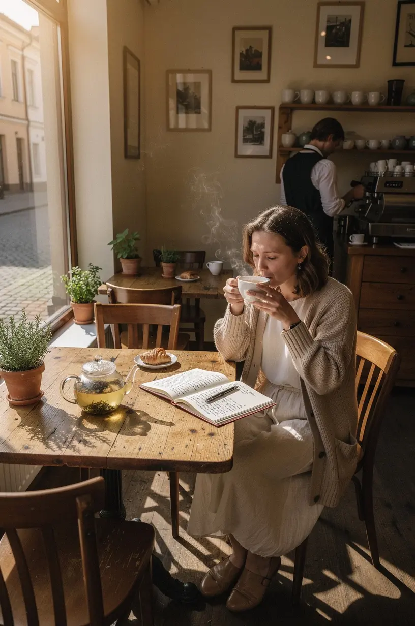 Žmonės dalijasi arbata ir pokalbiais gamtos fone, skatinantys streso mažinimą.